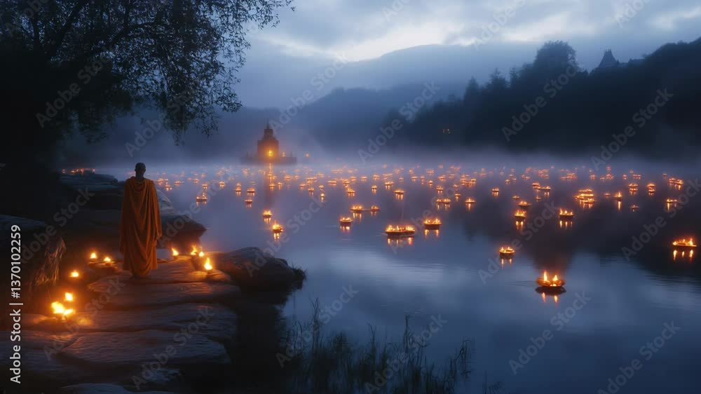 Poster a serene dawn on a foggy river floating candles and a monk in saffron robes create magic