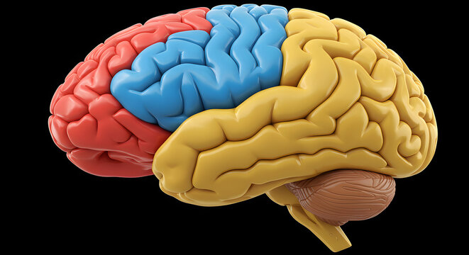 This image depicts a colorful, segmented model of the human brain, highlighting different regions and lobes.