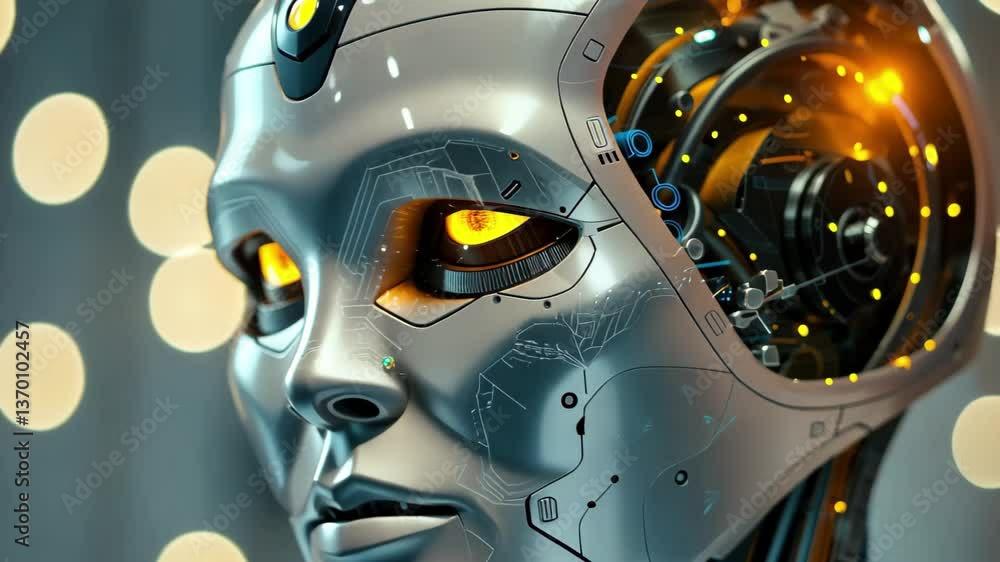 Poster a close-up view of an advanced humanoid robot with intricate wiring, glowing features, and a sleek d