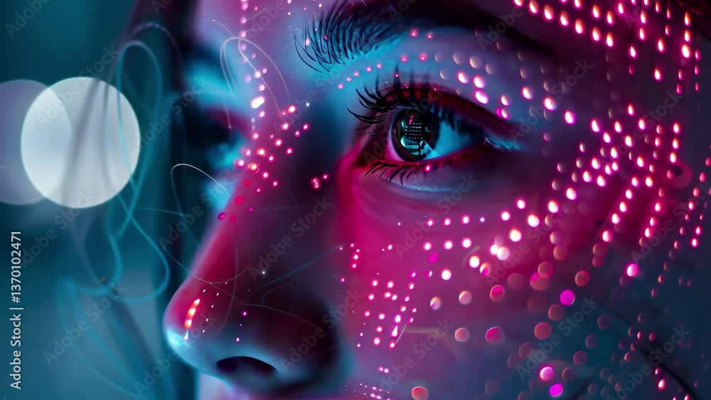 Poster a close-up of a woman's face illuminated by colorful dots creating a mesmerizing pattern, showcasing