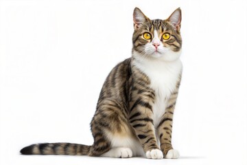 Obraz premium Brown tabby cat with white markings sitting alertly and looking up with bright yellow eyes. Domestic shorthair pet portrait isolated on a clean white studio background