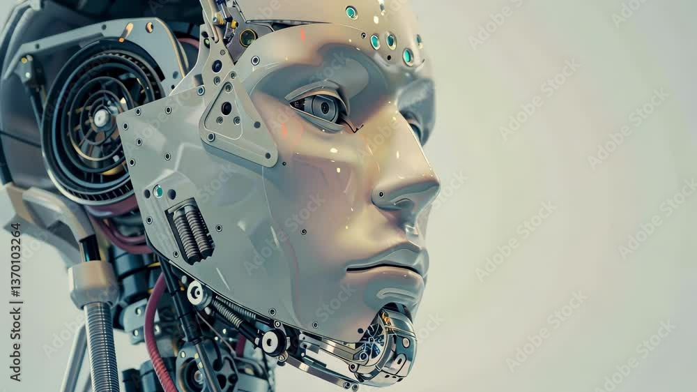Poster a close-up view of an articulated robotic head showcasing intricate mechanical details and high-tech