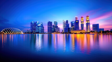 Obraz premium A vibrant city skyline reflecting on water at dusk, featuring modern buildings illuminated by colorful lights against a deep blue sky.