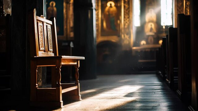 A sunlit prayer kneeler in a vintage russian orthodox church with dust particles floating above

