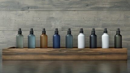 Assorted bottles on wooden tray