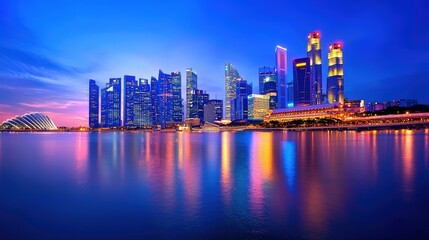 Obraz premium A stunning skyline at dusk, showcasing modern skyscrapers reflecting on water with vibrant lights illuminating the scene.