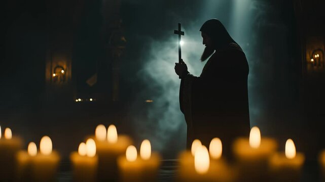 Dramatic minimalist easter scene with orthodox priest in dark cathedral illuminated by candles