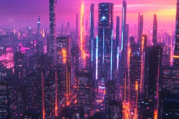 Naklejka premium Sci-fi skyline with pink and blue neon lights