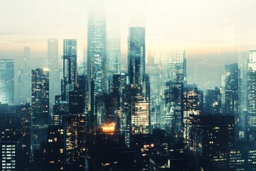 Fototapeta premium Modern city skyline with foggy skyscrapers in the distance