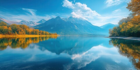 Serene lake reflecting snow-capped mountains and autumn trees under a clear blue sky.