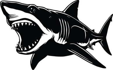 Black and white silhouette great white shark emerging from the ocean with sharp teeth and fins