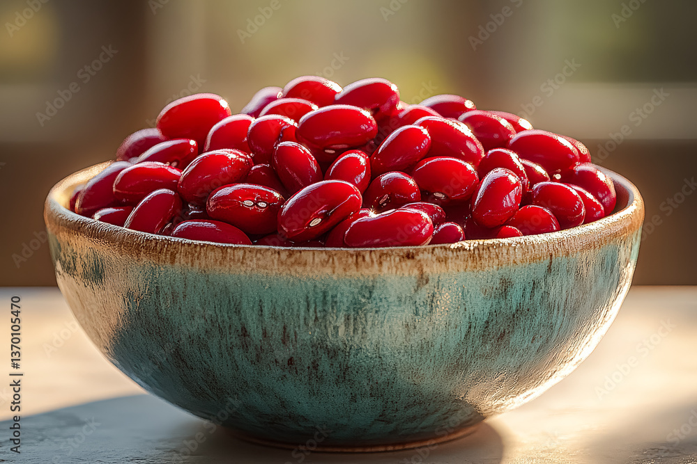 Aufkleber bowl of red beans is sitting on a table. the beans are arranged in a way that they are not touching 