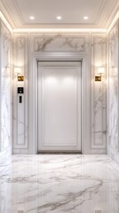 Modern Elevator doors of office or hotel hallway,holiday season decor with christmas tree,Lobby interior, corridor in house with lift,marble elegant lift for passenger or cargo elevators,copy space.