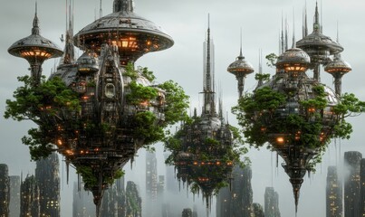 Futuristic floating cities with green trees above a foggy cityscape