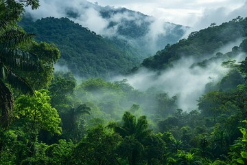 Lush green rainforest mountain view covered in gentle morning mist