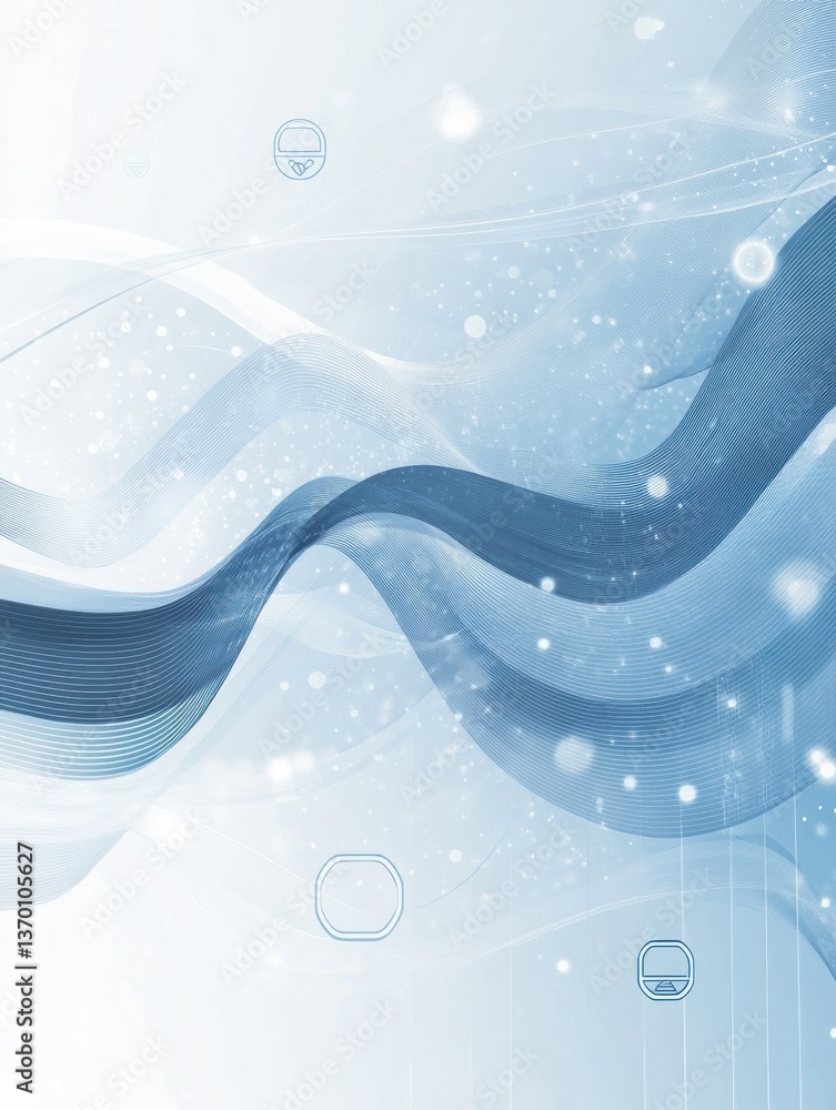 Poster Digital transaction environment with floating icons and smooth waves in blue and white color scheme