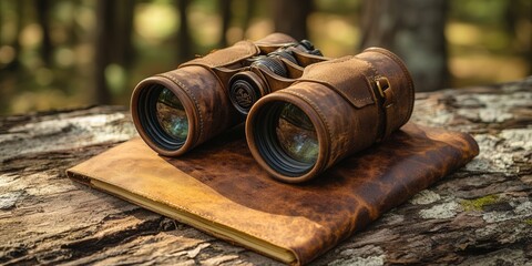 Vintage binoculars resting on a leather-bound notebook in a forest setting, evoking a sense of adventure and exploration.