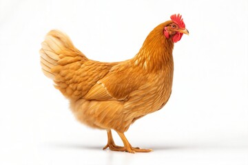 Fototapeta premium Golden brown chicken stands in profile, showcasing its rich plumage and red comb against a clean, white background