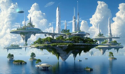 Futuristic floating city with islands, aerial view, ideal for sci-fi projects