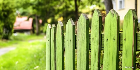 green wooden fence on the background of a village road