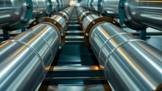 Stainless steel pipes arranged in a row within an industrial facility highlighting manufacturing processes and infrastructure at work