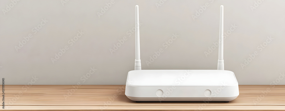 Poster sleek web router sits on wooden surface, providing seamless connectivity for all your devices in mod