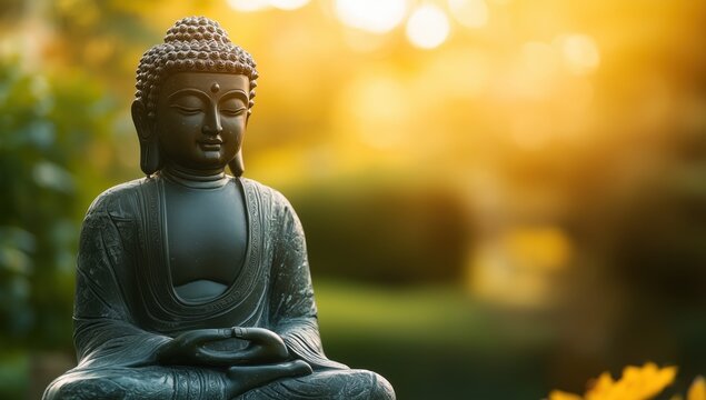 Buddha statue against the backdrop of a green garden