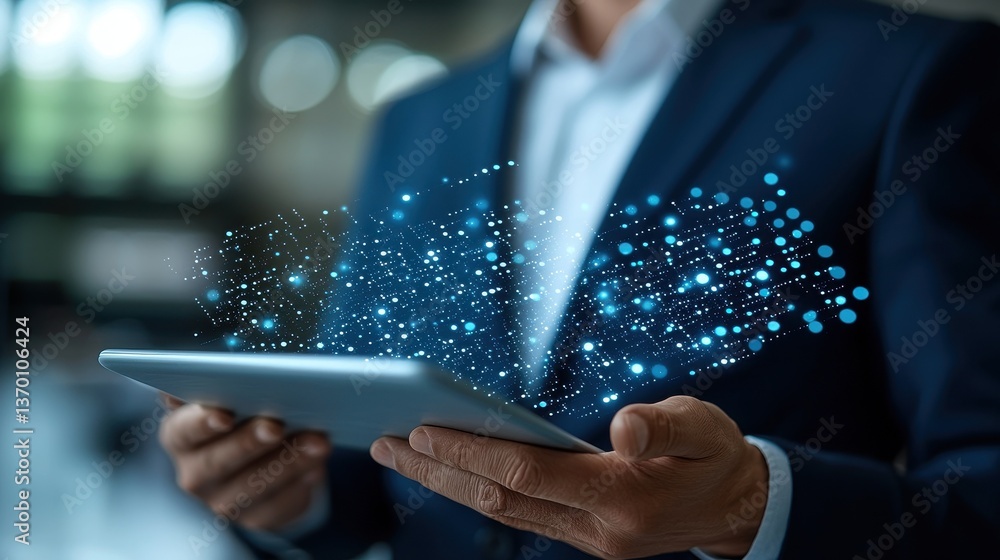 Aufkleber businessman using tablet with digital data visualization concept