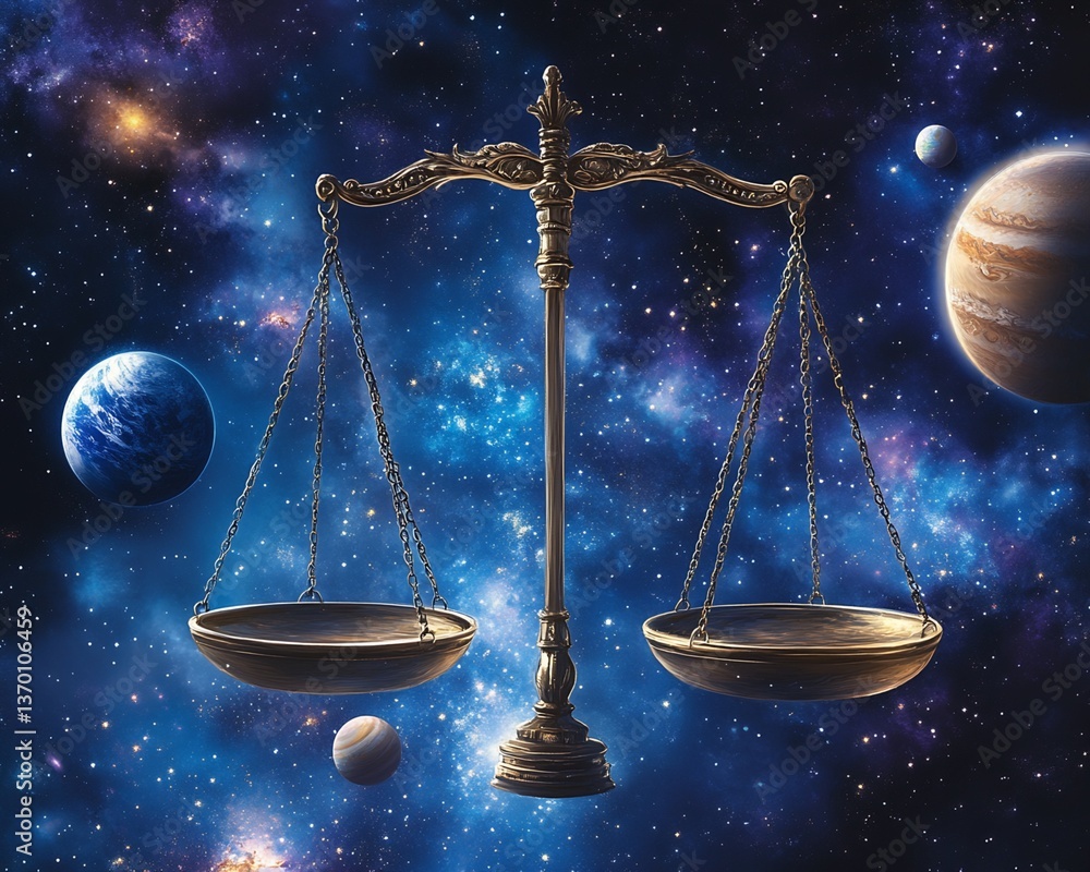 Poster golden scale in cosmic setting with planets
