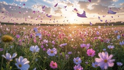 Pink flowers blooming in a colorful spring meadow under a blue sky