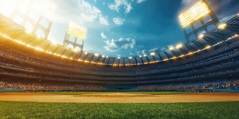 Brightly Lit Outdoor Stadium Full of Spectators under Cloudy Sky with Vibrant Green Grass Sandy Infield Playing Field