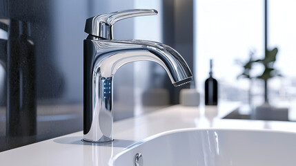 sleek, modern faucet with polished chrome finish is showcased contemporary bathroom setting, reflecting light beautifully. This high tech touchless faucet adds elegance and convenience to any
