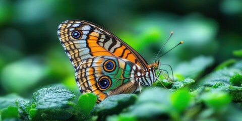 Obraz premium Vibrant butterfly perched on lush green leaves, showcasing its colorful, intricate wing patterns.