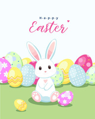 A festive Easter greeting card featuring a cute bunny and colorful Easter eggs. Happy Easter card. Perfect for holiday designs and decorations.