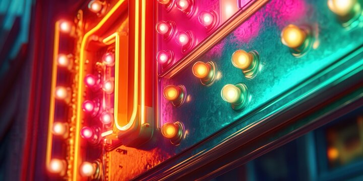 Vibrant neon lights illuminate a city street with colorful, retro-style signage.