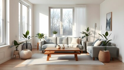 Bright modern living room, large windows, natural light, white brick walls, wooden coffee table, grey sofa, indoor plants, minimalist decor, Scandinavian style, cozy interior