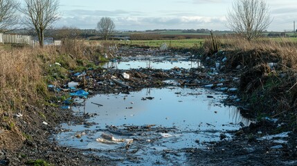 A rural area with visible environmental contamination, showing polluted land and water due to industrial waste.