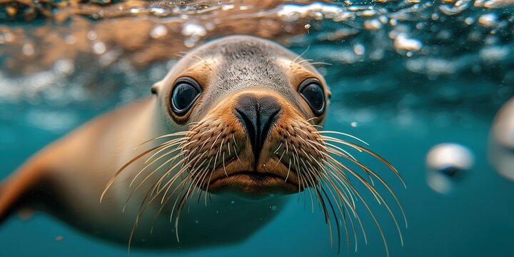 Close-up of a curious seal with whiskers against a vibrant underwater backdrop, peering into the camera.