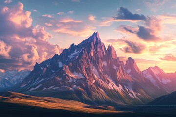 Majestic mountain peak at sunset, dramatic clouds