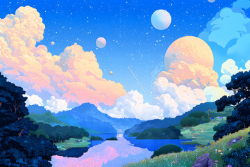 Fototapeta premium 8-bit wallpaper art of quantum computing landscape with pixel-designed information manipulation techniques