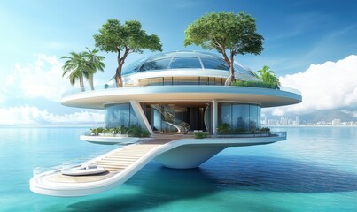 Futuristic floating ocean home with trees, dock, city backdrop, ideal for luxury travel