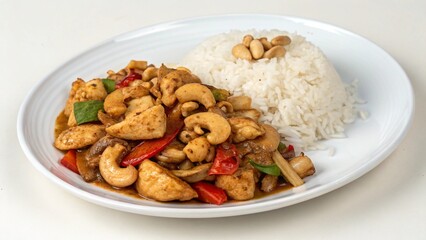 white plate of chicken sauted cashew nuts and rice on white background