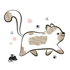 Cartoon proud walk of adorable kitten. Hand drawn cat isolated on white background.