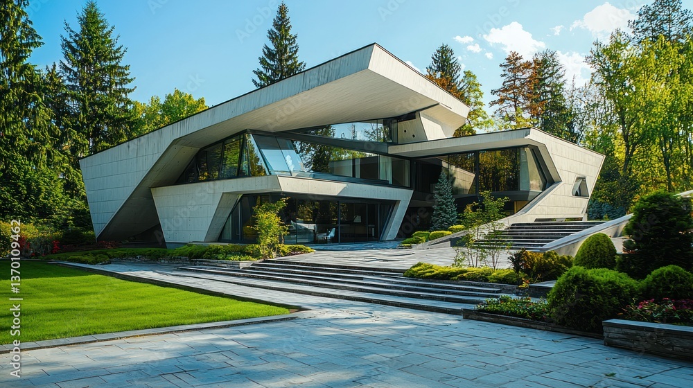 Poster a futuristic-looking contemporary house with angular shapes and clean lines, blending seamlessly int