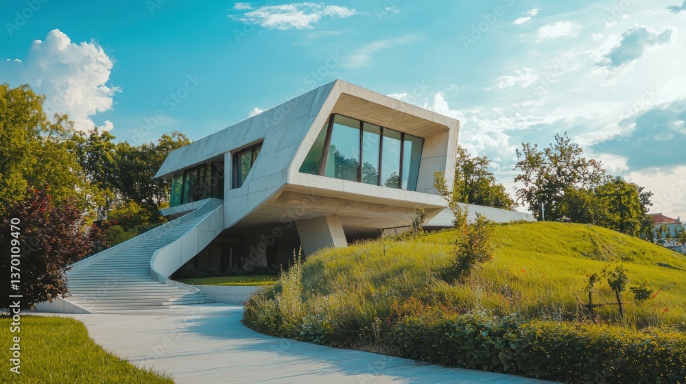 Poster a futuristic-looking contemporary house with angular shapes and clean lines, blending seamlessly int