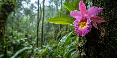  A rare species of orchid blooming on a tree in the Amazon rainforest, its delicate petals standing out against the lush, green backdrop of the jungle. 