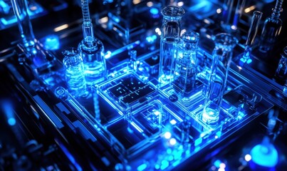 Futuristic lab with glowing circuits, test tubes, and beakers for scientific research