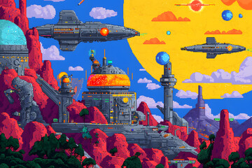 8-bit wallpaper art of time traveler navigating between different historical epochs with quantum pixel technology