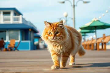 Obraz premium Ginger cat walks along boardwalk near beachside cafes Generative AI