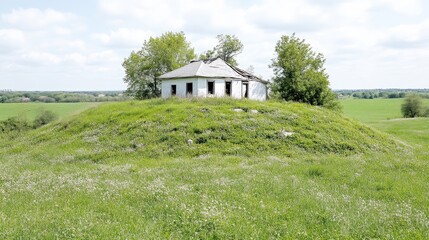 Obraz premium Abandoned farmhouse on a grassy hill